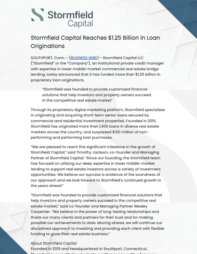 Stormfield Capital Reaches $1.25 Billion in Loan Originations