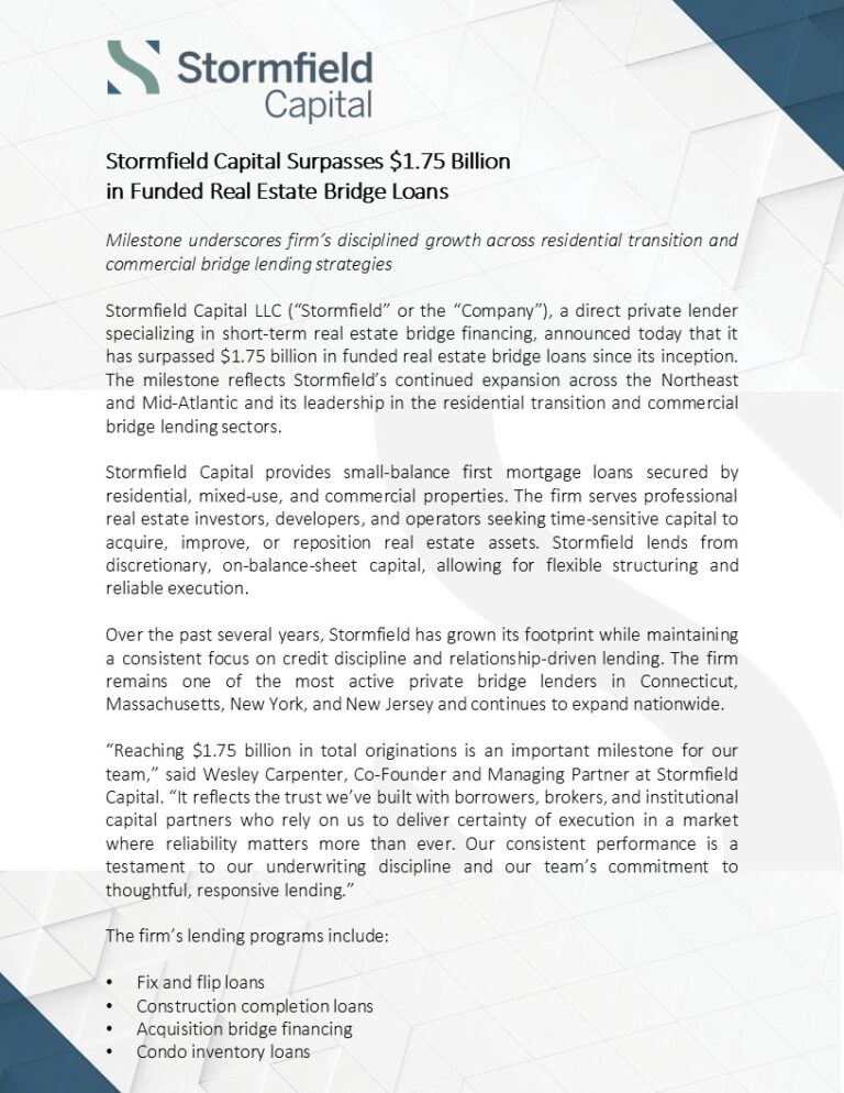 Stormfield Capital Surpasses $1.75 Billion in Funded Real Estate Bridge Loans — April 2025