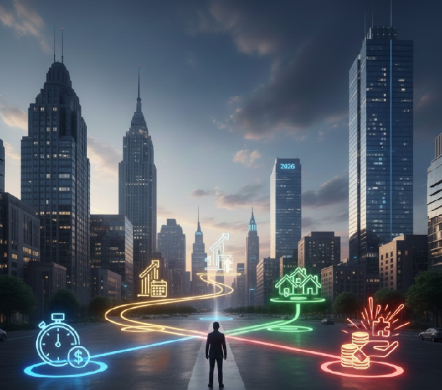 A businessman standing in a city street at twilight, facing glowing digital icons that represent financial growth, real estate, time management, and investment strategy against a skyscraper skyline.
