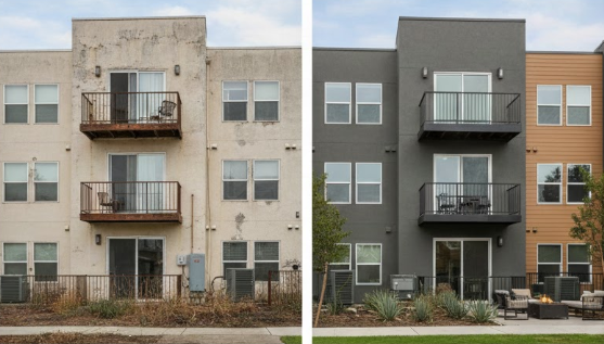 Side-by-side comparison of an apartment building exterior before and after renovation, showing a transition from stained, peeling stucco to modern charcoal grey and wood-toned siding.