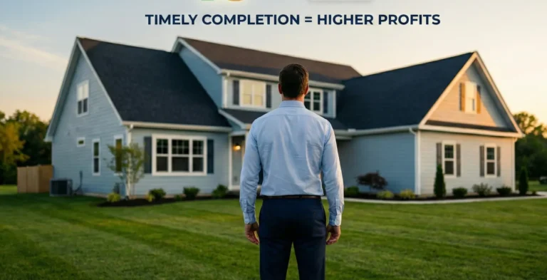 Real estate investor viewing a house with text overlay showing timely completion equals higher profits