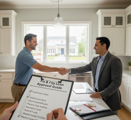 Stock photo suitable for real estate investment topics. Features two men shaking hands in a modern kitchen with a "For Sale" sign visible through the window. Foreground focus is on a clipboard checklist for loan approval (Credit Score, Down Payment, Proof of Funds).