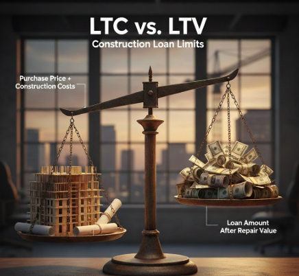 Illustration of a balance scale titled "LTC vs. LTV Construction Loan Limits." The left side holds a building model labeled "Purchase Price + Construction Costs," while the right side holds stacks of cash labeled "Loan Amount After Repair Value."