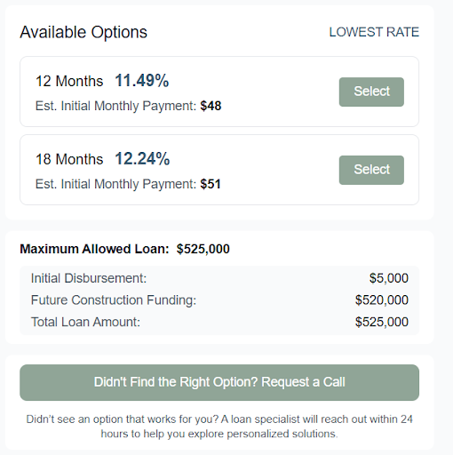 Loan calculator results displaying two available options: a 12-month term at 11.49% interest and an 18-month term at 12.24% interest, with a total maximum loan of $525,000.