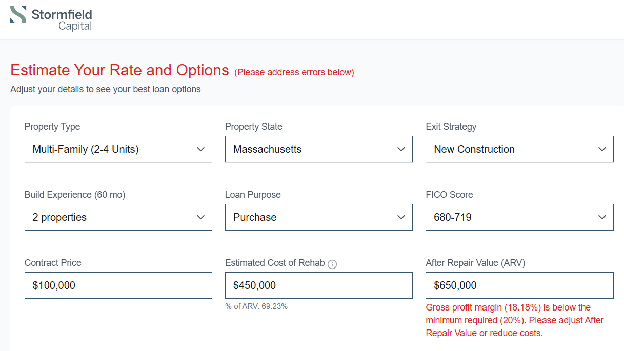 Stormfield Capital Prequal loan calculator displaying a validation error stating the gross profit margin of 18.18% is below the required 20% minimum.