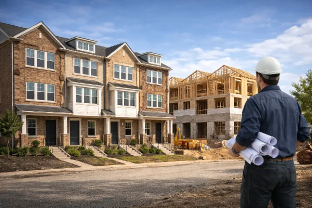 Builder in hard hat reviewing blueprints in front of a townhouse row under construction