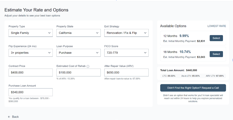 House flipping calculator interface with property details and financing results