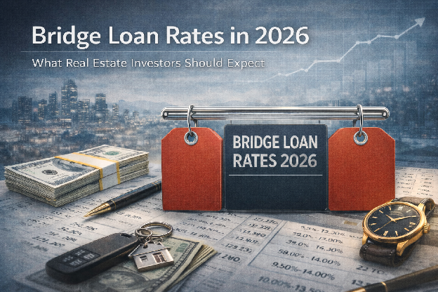 Bridge Loan Rates in 2026 with cash, keys, and an upward market chart