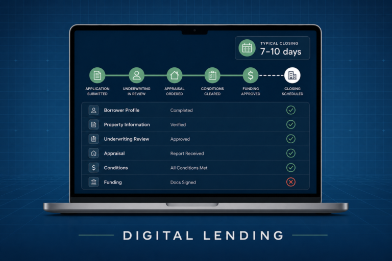 Digital lending workflow dashboard showing application stages and a 7 to 10 day closing timeline