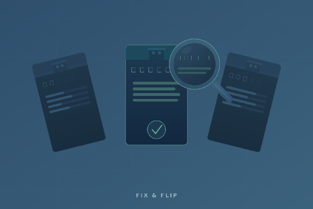 Illustration of fix and flip loan documents with an approval checkmark and magnifying glass