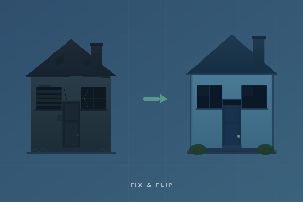 Illustration of a distressed house renovated into a finished home for a fix and flip project