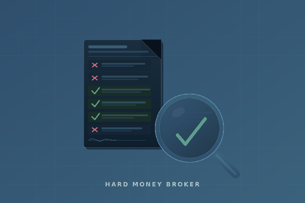 Illustration of a hard money broker deal review checklist with a magnifying glass and check mark