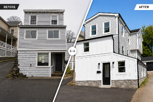 Before and after exterior views of a renovated single-family home in Greenwich, CT
