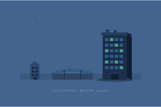 Illustration of multifamily buildings and a bridge labeled Multifamily Bridge Loans