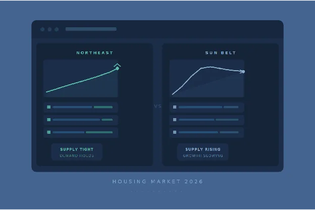 Illustration comparing Northeast and Sun Belt housing market trends in 2026